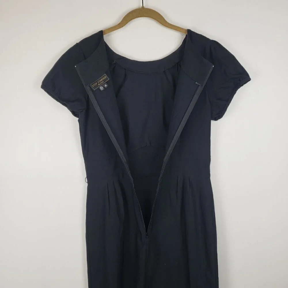Stop Staring Ashley Dress Black Retro Short Sleeve Midi Wiggle Pencil Size 14